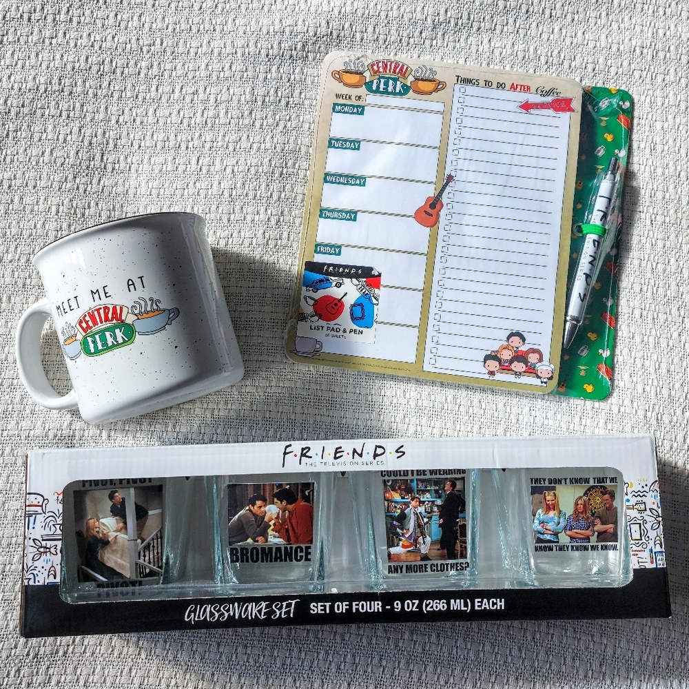 Official Friends TV Series Bundle - Glassware Set, Mug, List Pad, and Pen